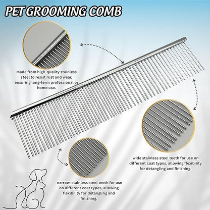 Metal Comb for Dogs & Cats, Professional Pet Grooming Comb Removing Tangles, Mats Loose Hair, Stainless Steel Grooming Tool for Dogs, Cats, Puppies Kittens, Safe Comfortable Pet Brush Alternative