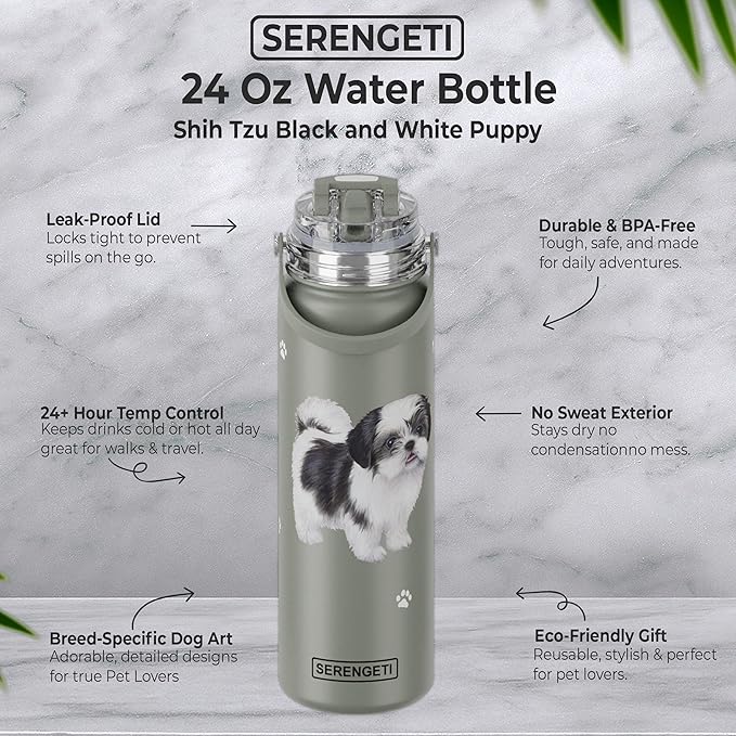SERENGETI 24 Oz Water Bottle Stainless Steel with Spill Proof Lid - Double walled Vacuum Insulated water flask - Realistic 3D Print of your favorite dog (Shih Tzu Black)