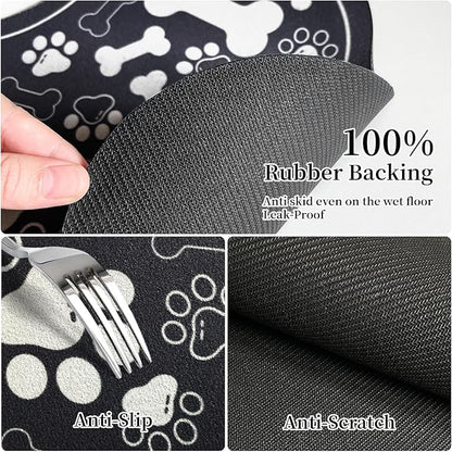 Dog & Cat Food Mat Bone Shaped Pet Feeding Mat Quick Absorb Water Bowl Placemat with Rubber Backing Indoor Floor Stain Resistant Pet Accessory Supplies (Black, 17x29 Inches)
