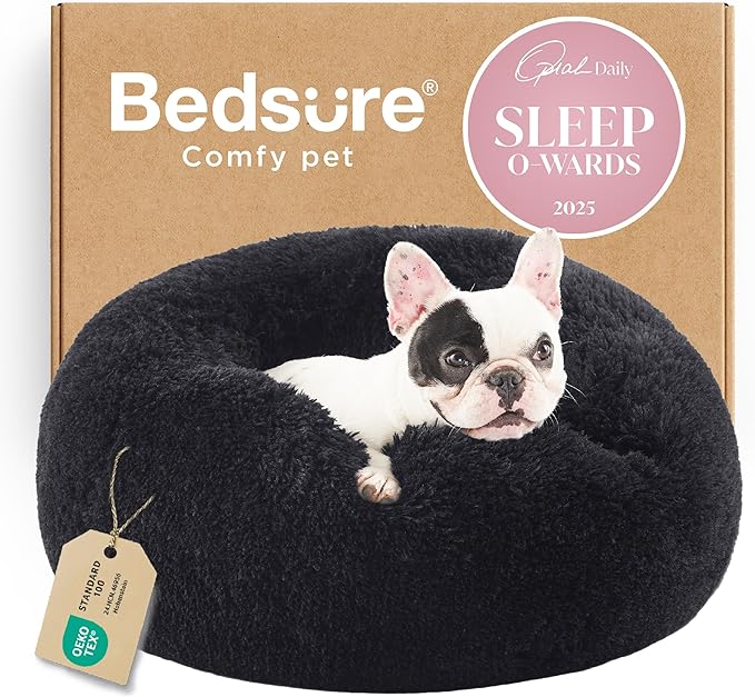 Bedsure Calming Dog Bed for Small Medium Dogs - Donut Washable Medium Pet Bed, 27 inches Anti-Slip Round Fluffy Plush Faux Fur Cat Bed, Black