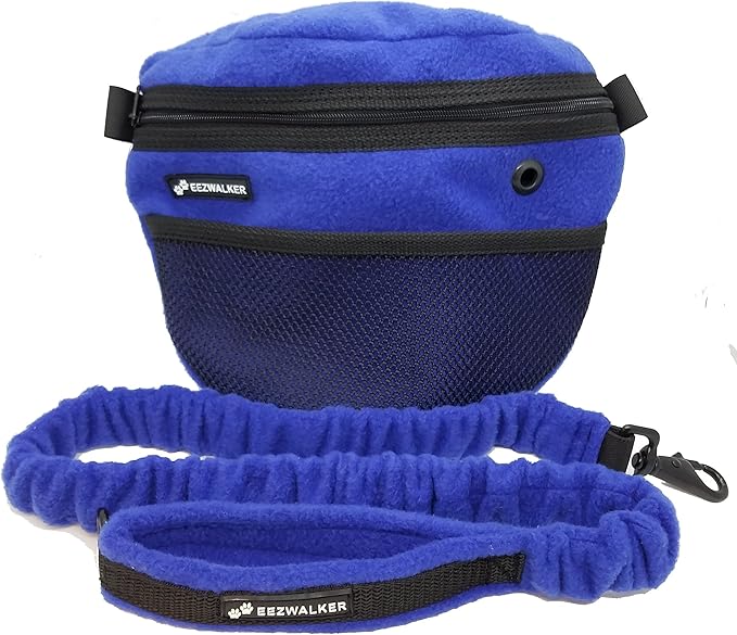 ActiveDogs Dog Handler Bag w/Bungee Leash, Water-Resistant Adjustable Treat Bag + Hands-Free 36"-52" Leash Combo - Blue Fleece