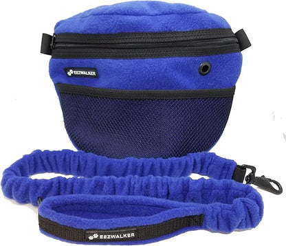 ActiveDogs Dog Handler Bag w/Bungee Leash, Water-Resistant Adjustable Treat Bag + Hands-Free 36"-52" Leash Combo - Blue Fleece