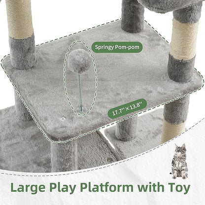 Cat Tree for Indoor Cats, 55.1 inch Cat Tower with 7 Sisal Scratching Posts, Multi-level Cat Condo wit Large Play Platform Furry Ball, Cat Cave, 2 Padded Perches, Basket, Light Gray GCT013W