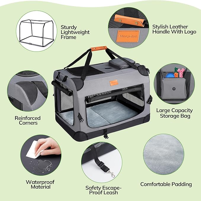 Morpilot 24-inch Portable Collapsible Dog Crate: Travel Dog Crate Soft-Sided for Small Medium Dogs up to 40lbs, with Foldable Bowl, Shoulder Strap & Storage Pockets, Grey