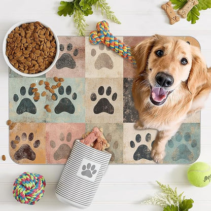 Cute Cat Paw Print Dog Food Mat for Floors,Vintage Absorbent Pet Food and Water Bowl Mats,Non-Slip Pet Feeding Mat,Pet Supplies 12" x 20"