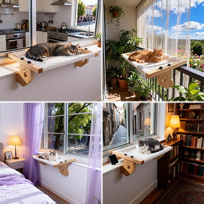ESPETS Cat Window Sill Perch, Sturdy Cat Hammock Beds Window Seats with Soft Cusion, Large Cats and Kittens-22.5 Inch (White)