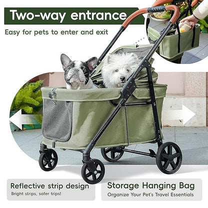 Dog Stroller for 2 Small Dogs or 1 Medium Pet, Low-Entry Design with Anti-Jump-Out, 600D Oxford Fabric, Up to 70 lbs, Green