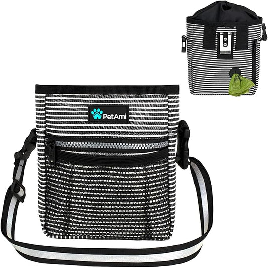 PetAmi Dog Treat Pouch, Pet Treat Pouch For Training, Dog Walking Bag Holder for Kibbles, Pet Food Toy, Dog Trainer Essentials Supplies, Poop Bag Dispenser, 3 Ways to Wear (Black Stripes)