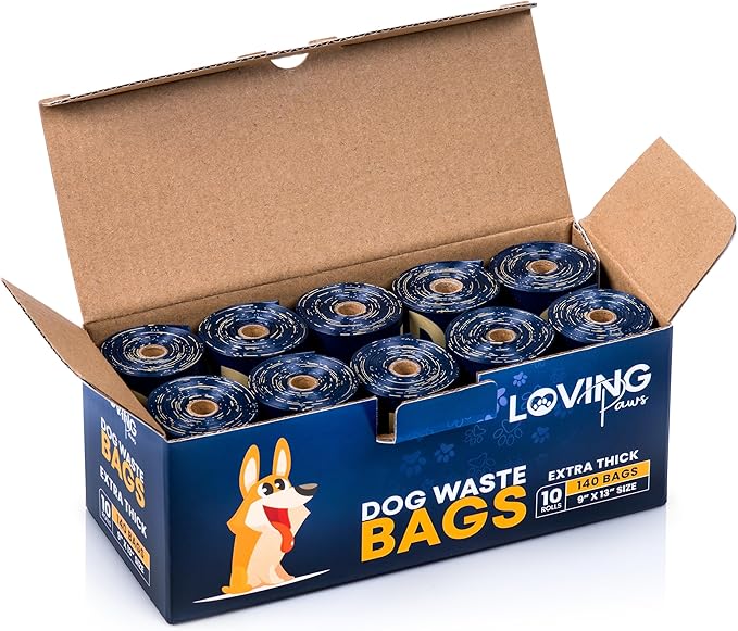LOVING Paws Heavy Duty Dog Poop Bags Rolls (140 Count) – Extra Thick 9"x13" Leak-Proof Dog Waste Bags with Dispenser & Leash Clip – Unscented, Easy-Tear Refill Bags for All Breeds