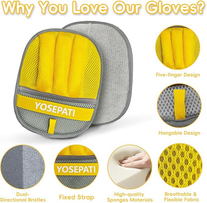 Magic Brush Pet Hair Removal Glove for Cats & Dogs, Ectrostatic Five-Finger Fur Remover, The Magic Brush Pure Path Grooming Remover Glove for Laundry, Carpet & Car Seat (Grey & Yellow)