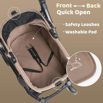 All-Terrain Dog Stroller for Small to Medium Dogs, Pet Stroller for Dogs & Cats Outdoor Walks, One-Hand Easy Fold, Double-Layer Anti-UV & Waterproof Canopy & Breathable Mesh, Mocha Brown