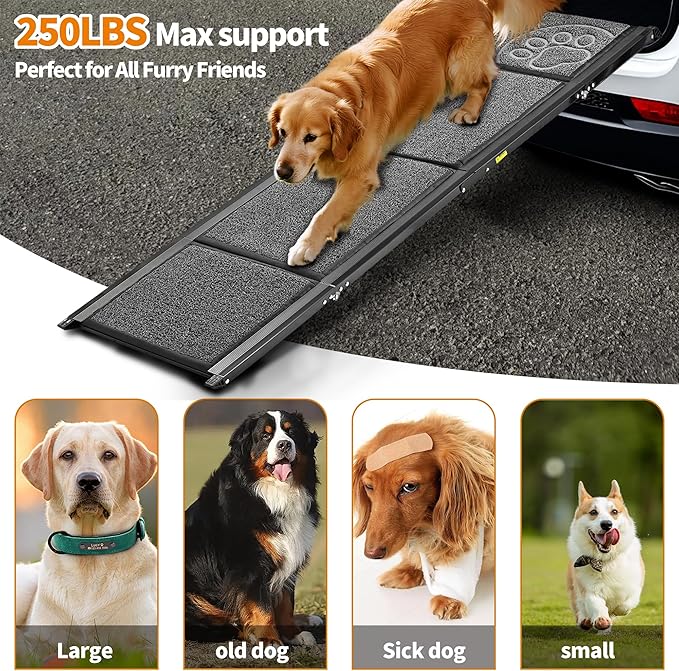 Dog Ramp for Car 63" Long & 17.3" Wide Portable Dog Ramps for Large Dogs with Non-Slip Rug Surface Dog Car Ramp for SUV Car & Truck, Outdoor Pet Ramp Folding Dog Ramp Up to 250LBS