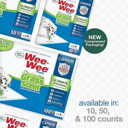 Four Paws Wee-Wee Ultimate Attractant Grass Scented Pee Pads for Dogs & Puppies, Leak-Proof Dog Housebreaking Instinctive Potty Training Floor Protection, 22" x 23", 100 Count