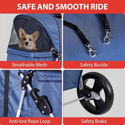 ZENY Foldable Pet Stroller, Cat/Dog Stroller with 4 Wheel, Pet Travel Carrier Strolling Cart with Storage Basket, Cup Holder (Navy Blue)