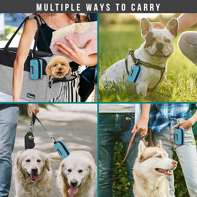 PetAmi Dog Poop Bag Holder & Waste Bag Dispenser with Clip-On Pouch Includes 1 Roll of Pet Waste Bags Portable Dog Walking Accessories for Leash, Belt or Backpack, Blue