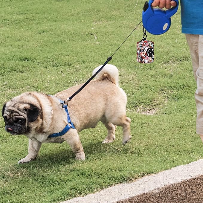 Petmolico Dog Poop Bag Holder Leash Attachment, Waste Bag Dispenser Zippered Pouch - 2 Pack, Fits Any Leash, Includes Free Roll of Bags, Boho Floral