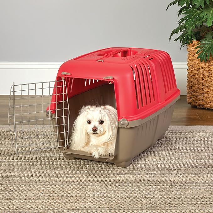 MidWest Homes for Pets Spree Travel Carrier – Hard-Sided Dog & Cat Carrier, Small Pet Travel Crate with Handle, Ventilated Design, Easy Assembly, 24-Inch, Red