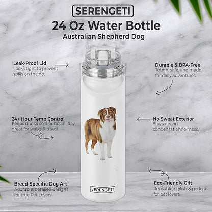 SERENGETI 24 Oz Water Bottle Stainless Steel with Spill Proof Lid - Double walled Vacuum Insulated water flask - Realistic 3D Print of your favorite dog (Australian Shepherd)