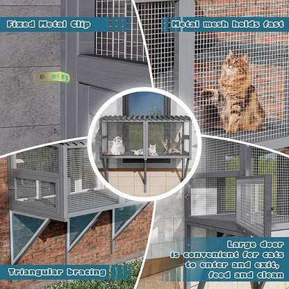 MAGIC UNION Cat Catio, Cat Window Perch for Large Indoor Cats - Expandable Wooden Windows Box Enclosure, Waterproof Window Hammock for Enjoying The Outdoor Sights (Grey, 82.6" L)
