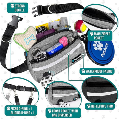 PetAmi Hands Free Dog Leash, Running Leash Belt Walking, Jogging, Waist Zipper Pouch with Poop Bag Dispenser, Dual Padded Handles, Reflective Durable Bungee Single, Heather Grey, 1 Leash