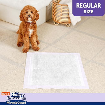 Hartz Miracle Guard Dog and Puppy Dog Pads Max Absorbency 24 Hour Use Odor Eliminating Lavender Scented No Leaks, Regular Size 25 Count