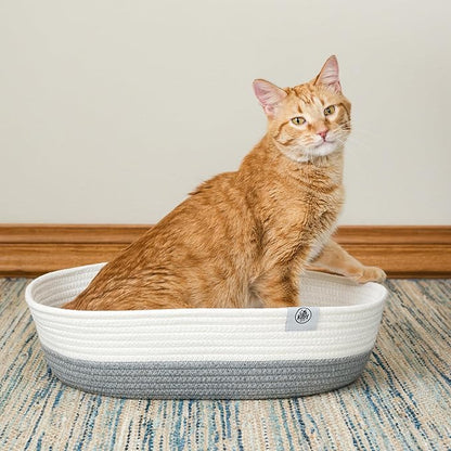 Kitty City Woven Cat Bed with Removable Washable Cushion, Cozy Braided Rope Indoor Cat Bed with Natural Catnip, Warm Round Cat Bed for Small to Medium Cats, 14” x 19" - White/Grey