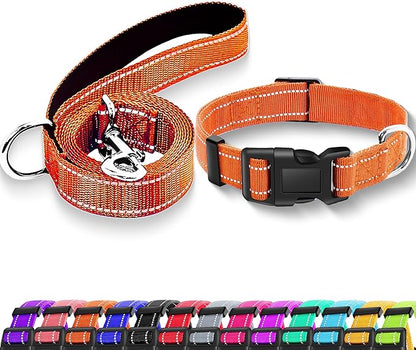 Reflective Dog Collar with Safety Locking Buckle, Adjustable Soft Breathable Nylon Collars for Small, Medium and Large Dogs(Collar+Leash XL Orange)