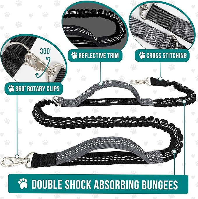 PetAmi Hands Free Dog Leash Belt for Walking Jogging, Waist Zipper Pouch Fanny Pack with Poop Bag Dispenser, Dual Padded Handle Bungee Leash for Small Medium Large Dogs