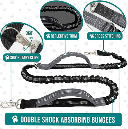 PetAmi Hands Free Dog Leash Belt for Walking Jogging, Waist Zipper Pouch Fanny Pack with Poop Bag Dispenser, Dual Padded Handle Bungee Leash for Small Medium Large Dogs
