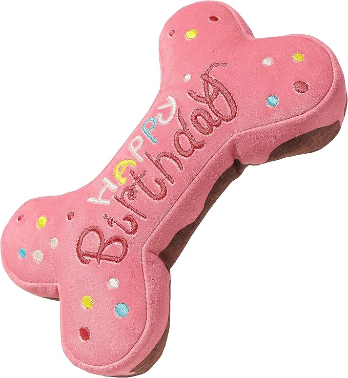 Tamu style Dog Birthday Toys for Small Medium and Large Breeds, Soft Cotton Filled Squeaky Play, Cute Bone Shape Cake, Fun Gift