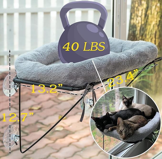ROOVE Cat Window Perch – Luxury Cozy Hammock with Ultra-Soft Cover, Sturdy Metal Frame & 4 Strong Suction Cups, Durable Window Bed for Large Indoor Cats & Kittens to Lounge, Rest, and Observe (Grey)
