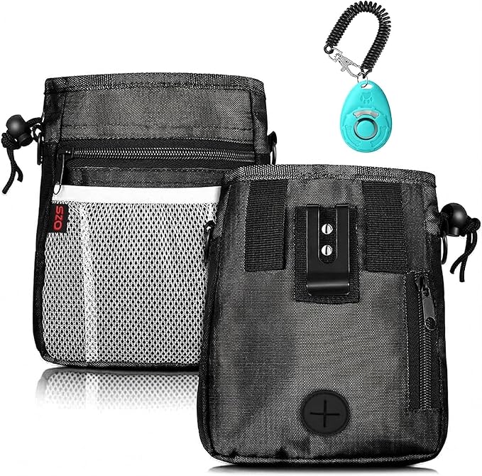 SZO Dog Treat Pouch - 3 Ways to Wear Treat Pouches for Pet Training and Clicker Taining for Dogs, Dog Training Treat Pouch Bag and Dog Clicker for Training with Waist Belt Shoulder Strap - Black