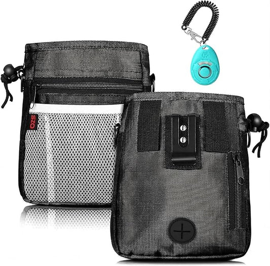 SZO Dog Treat Pouch - 3 Ways to Wear Treat Pouches for Pet Training and Clicker Taining for Dogs, Dog Training Treat Pouch Bag and Dog Clicker for Training with Waist Belt Shoulder Strap - Black