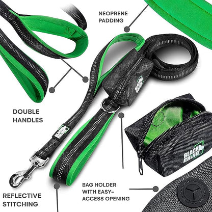 Black Rhino 6 ft Long Heavy Duty Dog Leash with Traffic Handle for Medium and Large Dogs - Padded Neoprene Dual Handles, Bag and Clip - Reflective, Durable, and Weather Resistant - Green