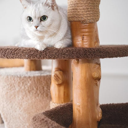 68 Inch Tall Mid Century Modern Solid Wood Cat Tree Tower for Indoor Cats Large Adult, Sturdy Heavy-Duty Cat Condo with Scratching Post, Perch, Scratcher, Platform, Cozy Hideaway (Brown, 68“H)