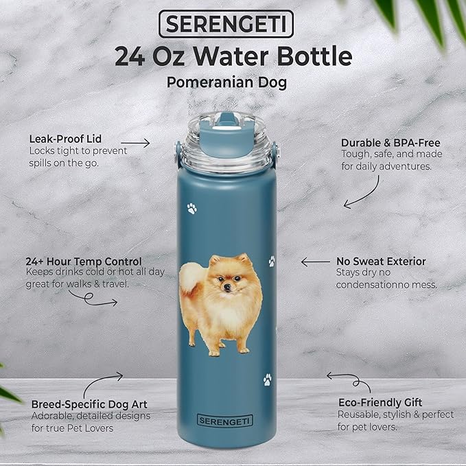 SERENGETI 24 Oz Water Bottle Stainless Steel with Spill Proof Lid - Double walled Vacuum Insulated water flask - Realistic 3D Print of your favorite dog (Pomeranian)