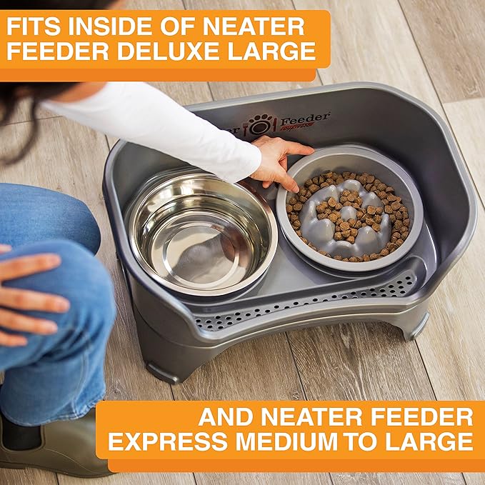 The Niner Slow Feed Bowl - Raised Peaks Slow Down Pets Eating - Fits Elevated Feeders Including Neater Feeder Large Sizes - Gentle on Teeth and Gums - Holds up to 2 Cups (Silver)