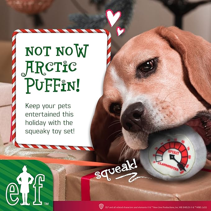 Elf: Holiday Plush Squeaker Buddy The, Clausometer, and Ornament Ball Set - 3pc Toy Set(3”)