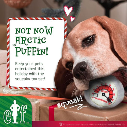Elf: Holiday Plush Squeaker Buddy The, Clausometer, and Ornament Ball Set - 3pc Toy Set(3”)