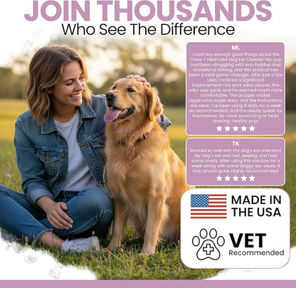 Chew + Heal Labs Dog Ear Cleaner - Medicated Dog Ear Buildup Drops for Dirt and Wax - 12 oz Advanced Flush with Chlorohexidine and Ketoconazole - Made in the USA