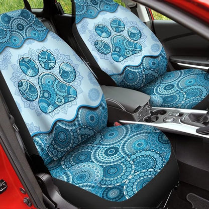 Blue Boho Paw Mandala Foral Printed Car Seat Cover Only for Front, 2-Piece Waterproof Soft Vehicle Bucket Seat Protetors Fits for Car SUV Sedan Truck