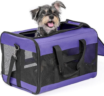 Dog Carrier Soft Sided, Large Cat Carrier with Inner Safety Leash, Pet Transport Carrier for Large Cats and Medium Dogs up to 20 Lbs, Collapsible Travel Puppy Carrier Bag -Purple L