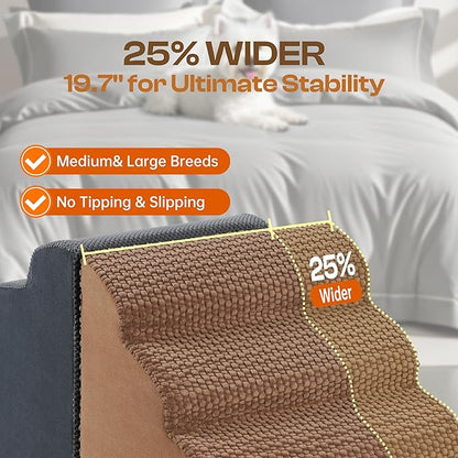 Extra Wide 4 Steps Dog Stairs for Bed & Couch 18" H, More Stable Non-Slip Dog Ramps with Gentle Slopes, Stylish Indoor Pet Steps for Medium & Large Dogs, Coffee