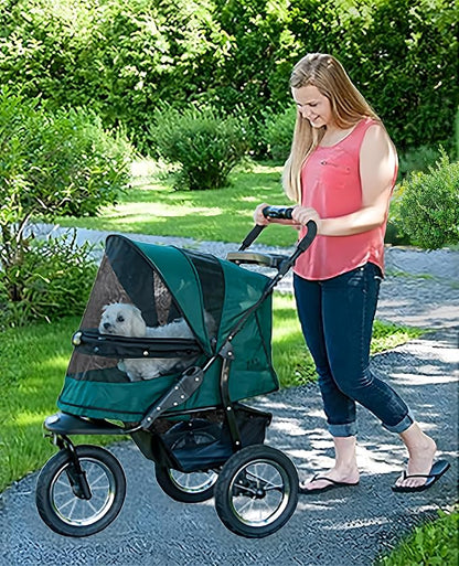 Pet Gear No-Zip Jogger Pet Stroller for Cats/Dogs, Zipperless Entry, Airless Tires, Easy One-Hand Fold, Cup Holder + Storage Basket, Pine Green