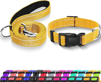 Reflective Dog Collar with Safety Locking Buckle, Adjustable Soft Breathable Nylon Collars for Small, Medium and Large Dogs(Collar+Leash XL Yellow)