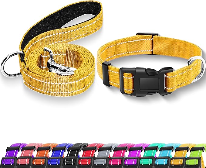 Reflective Dog Collar with Safety Locking Buckle, Adjustable Soft Breathable Nylon Collars for Small, Medium and Large Dogs(Collar+Leash S Width 3/4" Yellow)
