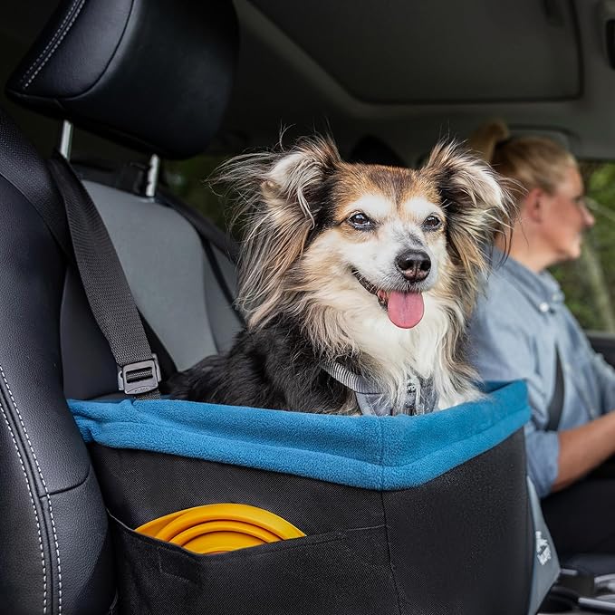 Kurgo Dog Booster Seat - Keeps Dogs Secure & Comfortable - Waterproof Exterior - Removable Washable Liner - Dog Car Seat with Harness Strap - Collapsible - Rover Style - Black/Blue