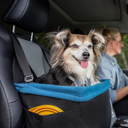 Kurgo Dog Booster Seat - Keeps Dogs Secure & Comfortable - Waterproof Exterior - Removable Washable Liner - Dog Car Seat with Harness Strap - Collapsible - Rover Style - Black/Blue