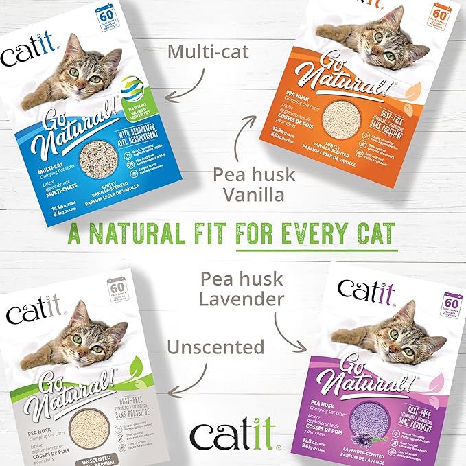 Catit Go Natural Pea Husk Clumping Cat Litter – Unscented, 12.3 lbs – Plant-Based, Eco-Friendly, Dust-Free & Flushable Cat Litter – Natural Clumping Formula, Low Tracking, Highly Absorbent