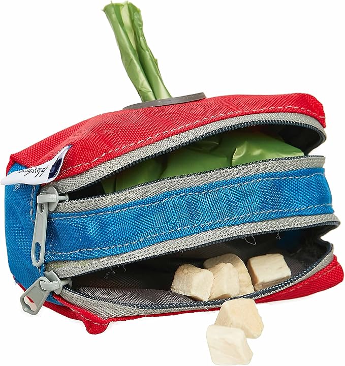 Blueberry Style Dog Waste Bag Dispenser, True Red, Color-Block Trash Bag Dispenser with 2 Auto Locking Zipper, Dog Poop Bag Holder Leash Attachment, Includes 1 Roll of Free Poop Bags